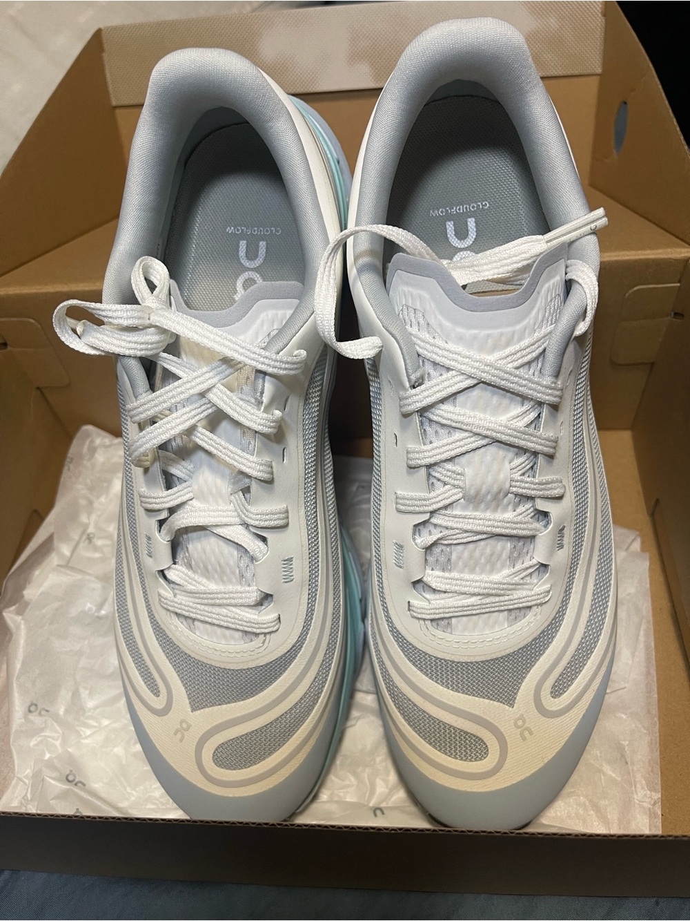 On Men's Athletic Running Shoes in White and Light Blue